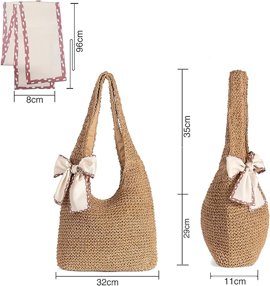 Straw Beach Bag for Women - Handmade Raffia Woven Tote Handbag, Summer Mesh Beach Purse for Vacation Holiday