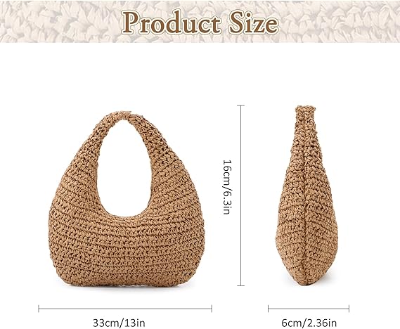Straw Bag for Women Crescent Shoulder Handbag Straw Summer Beach Tote Handbag Raffia Woven Hobo Bag