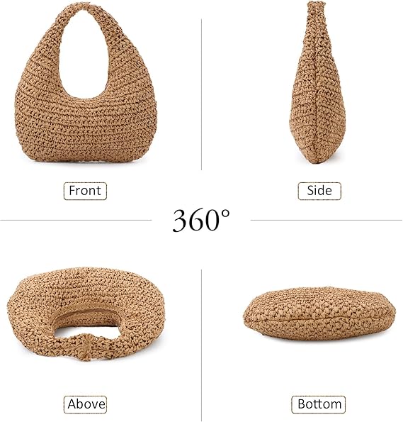 Straw Bag for Women Crescent Shoulder Handbag Straw Summer Beach Tote Handbag Raffia Woven Hobo Bag