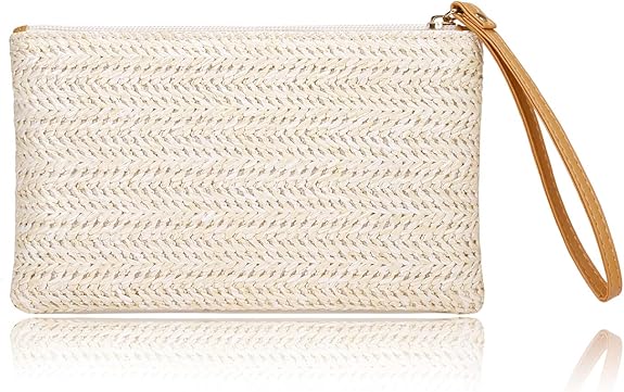 Womens Straw Clutch Bag Bohemian Summer Beach Straw Purse Zipper Wristlet Wallets for Women