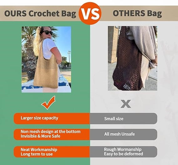Crochet Mesh Beach Tote Bag, Knit Summer Vacation Aesthetic Boho Tote Bag for Women