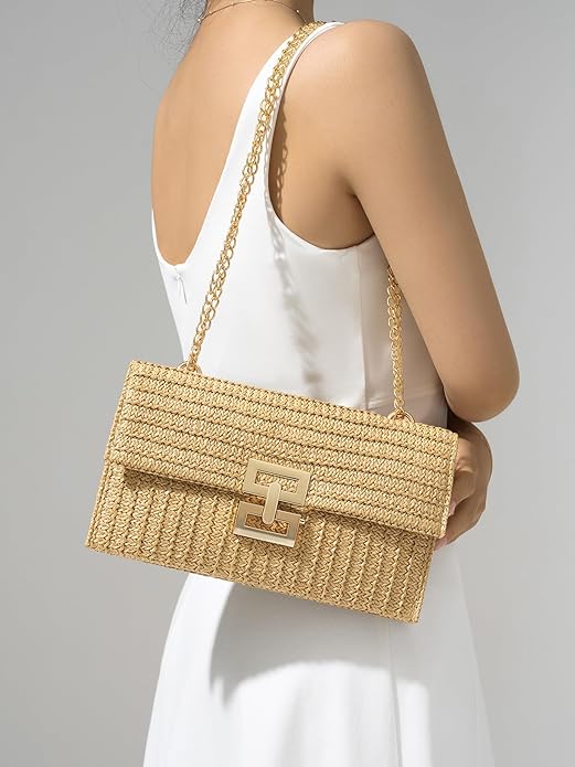 Straw Purse Woven Beach Bag Summer Straw Clutch Purse Boho Crossbody Bags for Women Small Raffia Shoulder Bag