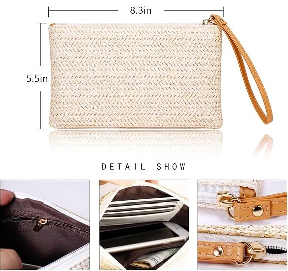 Womens Straw Clutch Bag Bohemian Summer Beach Straw Purse Zipper Wristlet Wallets for Women