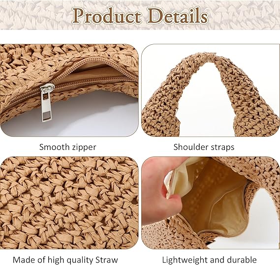 Straw Bag for Women Crescent Shoulder Handbag Straw Summer Beach Tote Handbag Raffia Woven Hobo Bag