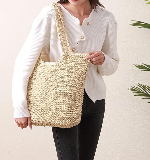 Beach Bags for Women - Summer Soft Large Woven Shoulder Purse Handbag, Beach Tote Straw Bag for Summer Vacation