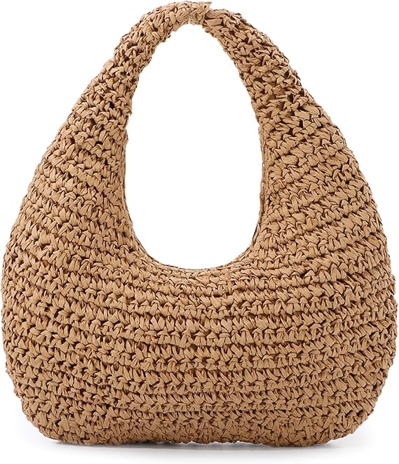 Straw Bag for Women Crescent Shoulder Handbag Straw Summer Beach Tote Handbag Raffia Woven Hobo Bag