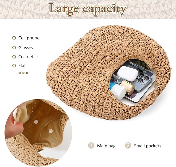 Straw Bag for Women Crescent Shoulder Handbag Straw Summer Beach Tote Handbag Raffia Woven Hobo Bag
