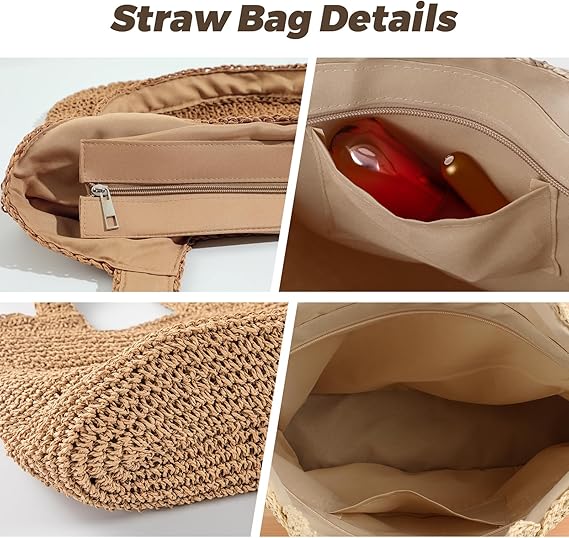 Straw Beach Bags for Women - Women Beach Handmade Woven Tote Bag, Summer Mesh Hollow Shoulder Bag for Holiday
