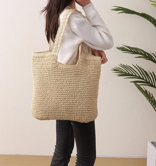 Beach Bags for Women - Summer Soft Large Woven Shoulder Purse Handbag, Beach Tote Straw Bag for Summer Vacation