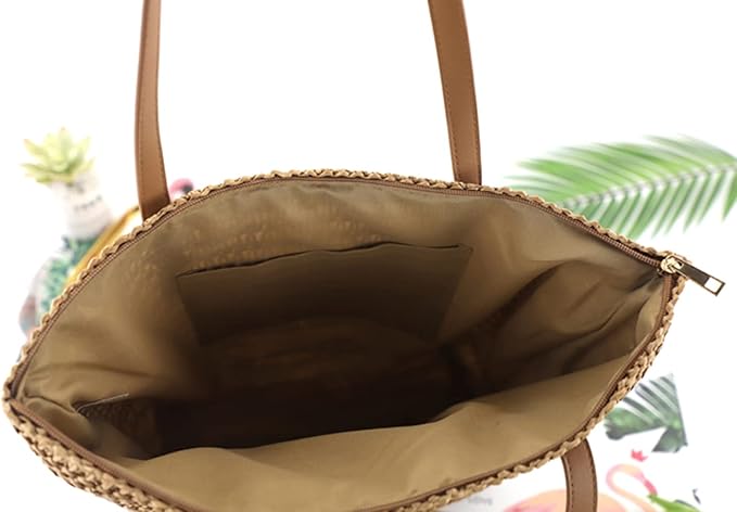 Large Straw Beach Bag for Womens, Straw Handbag Woven Tote Bag With Zipper Summer Shoulder Bag