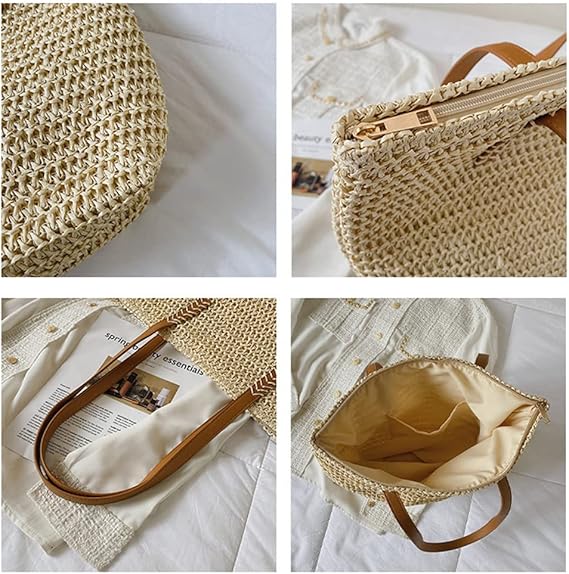 Large Straw Beach Bag for Womens, Straw Handbag Woven Tote Bag With Zipper Summer Shoulder Bag