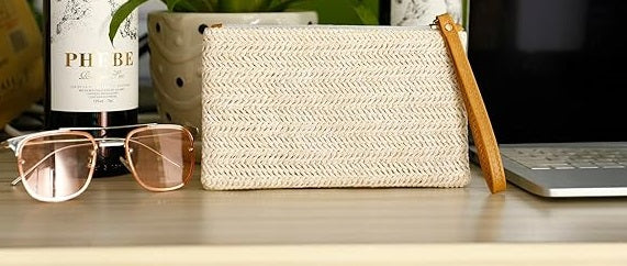 Womens Straw Clutch Bag Bohemian Summer Beach Straw Purse Zipper Wristlet Wallets for Women