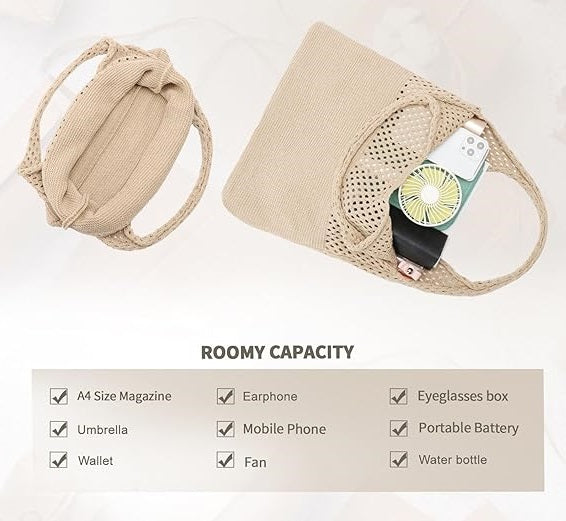 Crochet Mesh Beach Tote Bag, Knit Summer Vacation Aesthetic Boho Tote Bag for Women