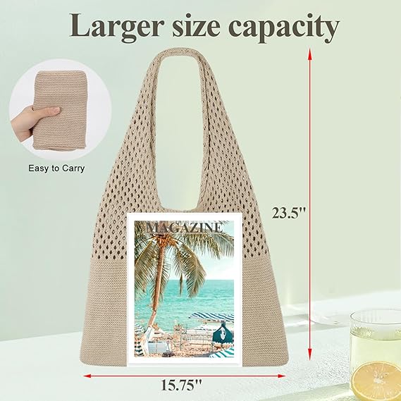 Crochet Mesh Beach Tote Bag, Knit Summer Vacation Aesthetic Boho Tote Bag for Women