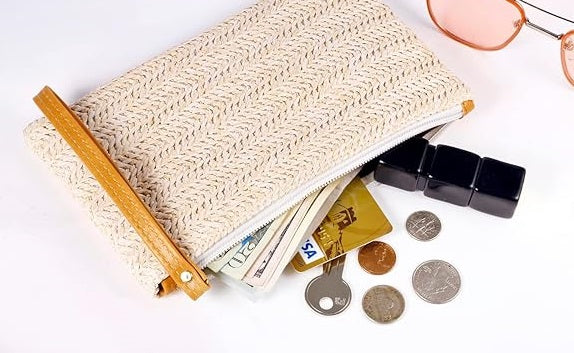 Womens Straw Clutch Bag Bohemian Summer Beach Straw Purse Zipper Wristlet Wallets for Women