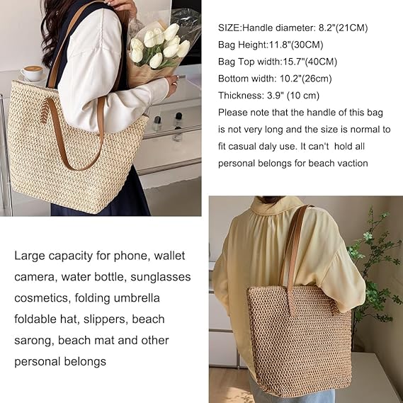 Large Straw Beach Bag for Womens, Straw Handbag Woven Tote Bag With Zipper Summer Shoulder Bag