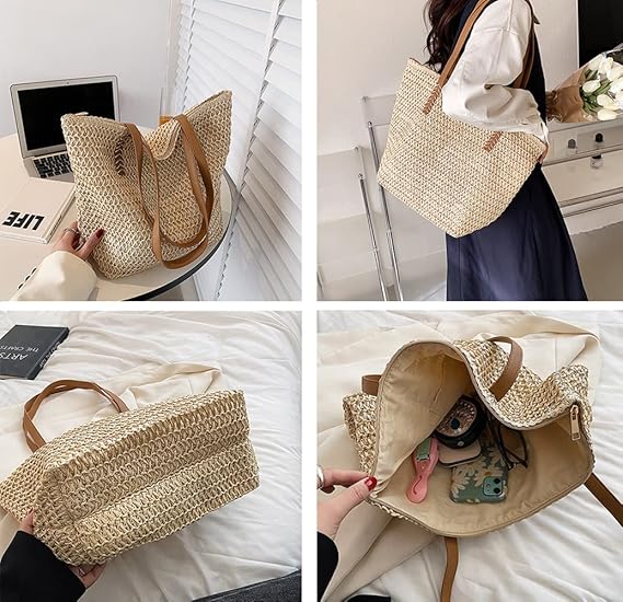 Large Straw Beach Bag for Womens, Straw Handbag Woven Tote Bag With Zipper Summer Shoulder Bag