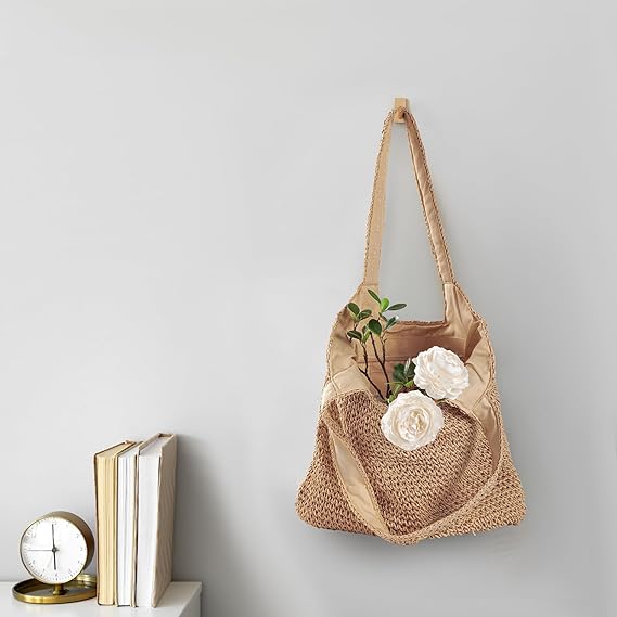 Straw Beach Bags for Women - Women Beach Handmade Woven Tote Bag, Summer Mesh Hollow Shoulder Bag for Holiday