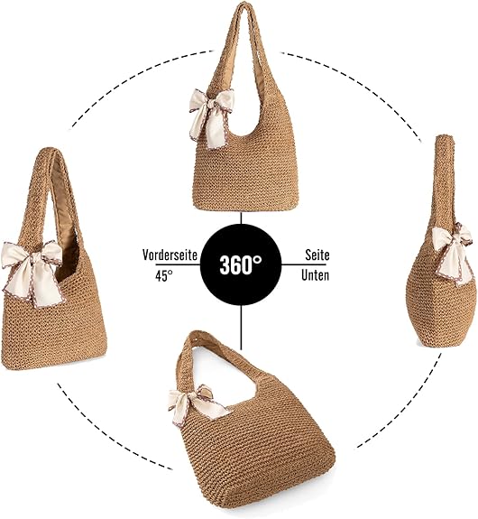 Straw Beach Bag for Women - Handmade Raffia Woven Tote Handbag, Summer Mesh Beach Purse for Vacation Holiday