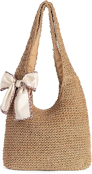 Straw Beach Bag for Women - Handmade Raffia Woven Tote Handbag, Summer Mesh Beach Purse for Vacation Holiday