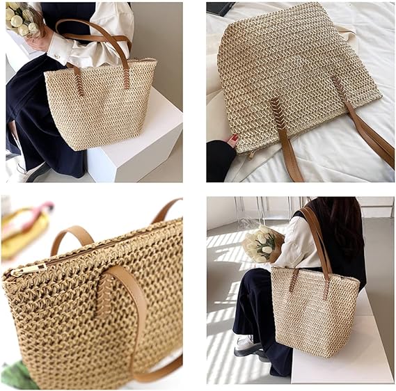 Large Straw Beach Bag for Womens, Straw Handbag Woven Tote Bag With Zipper Summer Shoulder Bag