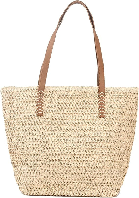 Large Straw Beach Bag for Womens, Straw Handbag Woven Tote Bag With Zipper Summer Shoulder Bag