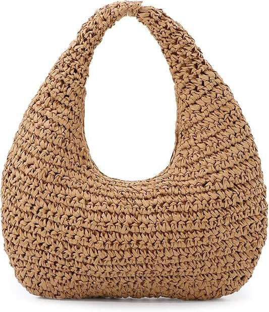 Straw Bag for Women Crescent Shoulder Handbag Straw Summer Beach Tote Handbag Raffia Woven Hobo Bag