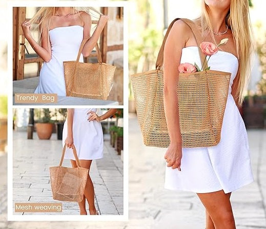 Beach Bags for Women, Summer Travel Mesh Tote Bag with Large Inner Pocket, Sandproof Woven Shoulder Handbag